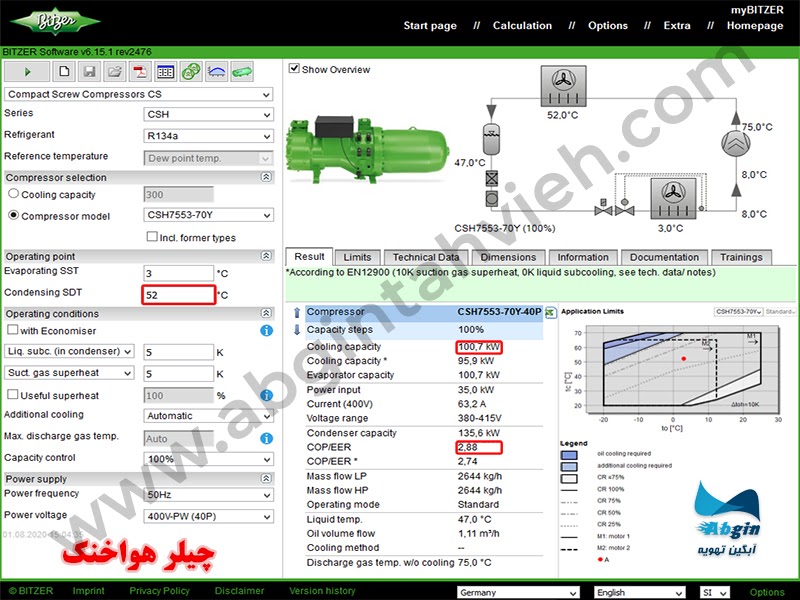 خروجی نرم افزار طراحی کمپرسور بیتزر برای چیلر هوا خنک